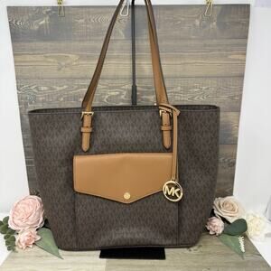 Michael Kors Jet Set Tote Purse Brown Acorn Large 3 Compartments Phone Pocket